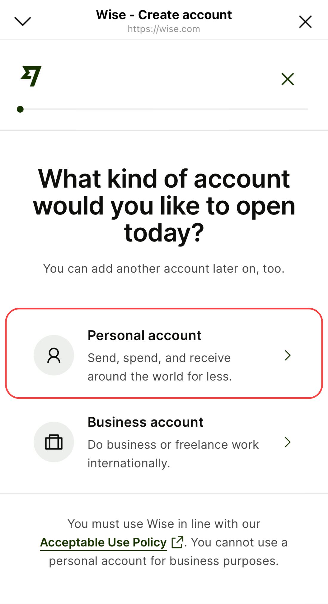 wise open account step 1